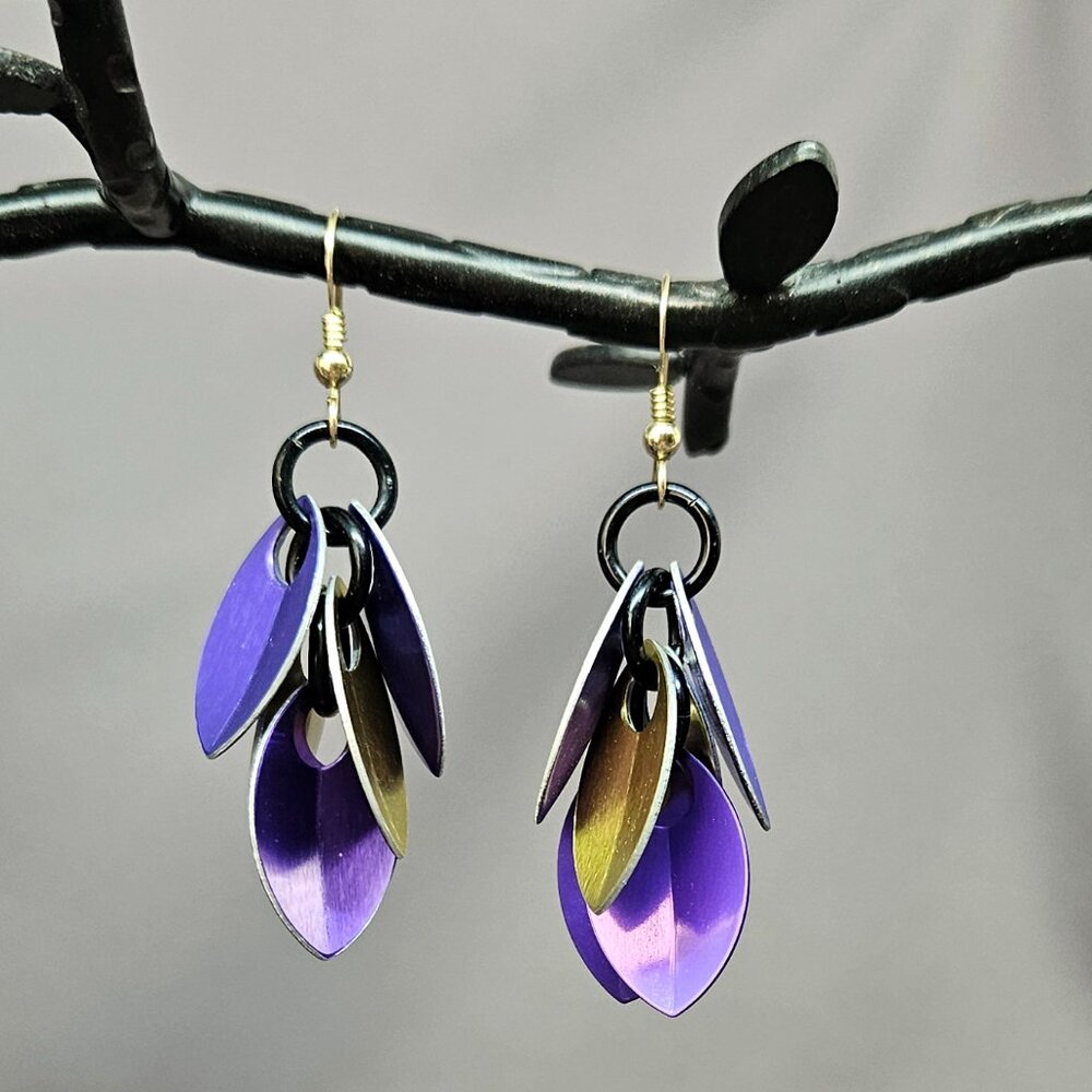 GU Earrings of Purple & Gold Anodized Aluminum Dragon Scales, Handmade - 2.25"